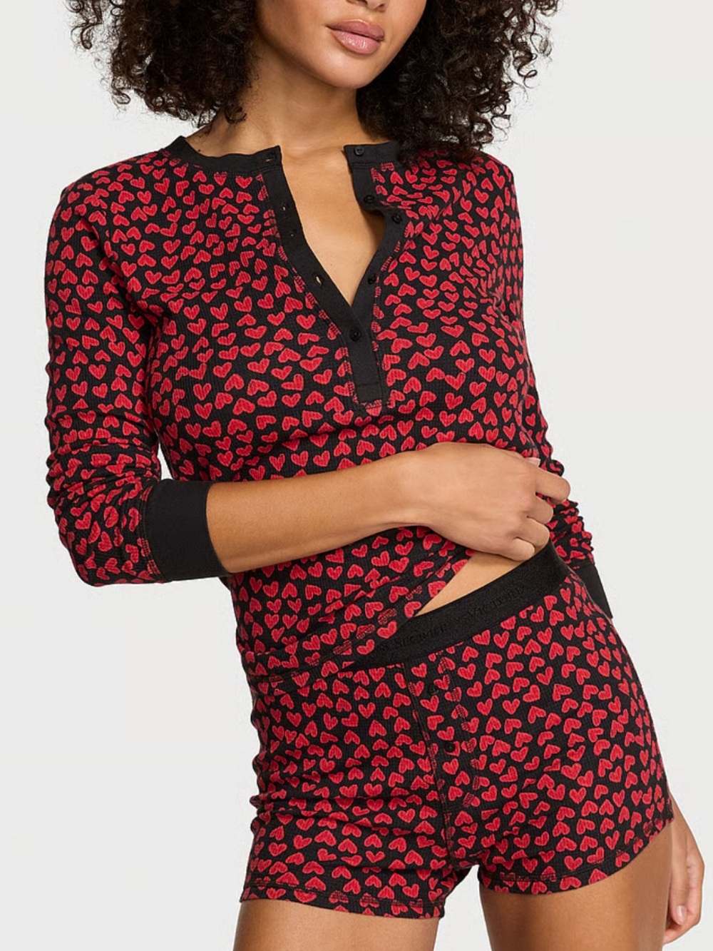Victoria's Secret NWT Soft Thermal Henley Short Pajama Set Red Heart Size XL